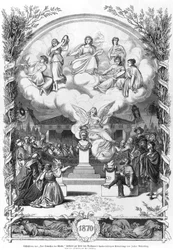 Slutscenen i "Konstens uppvaknande", en pjäs av Julius Rodenberg (1831-1914) som en hyllning till Ludwig van Beethoven (1770-1827) i samband med firandet av hans hundraårsjubileum, 1870 (sv. foto).
